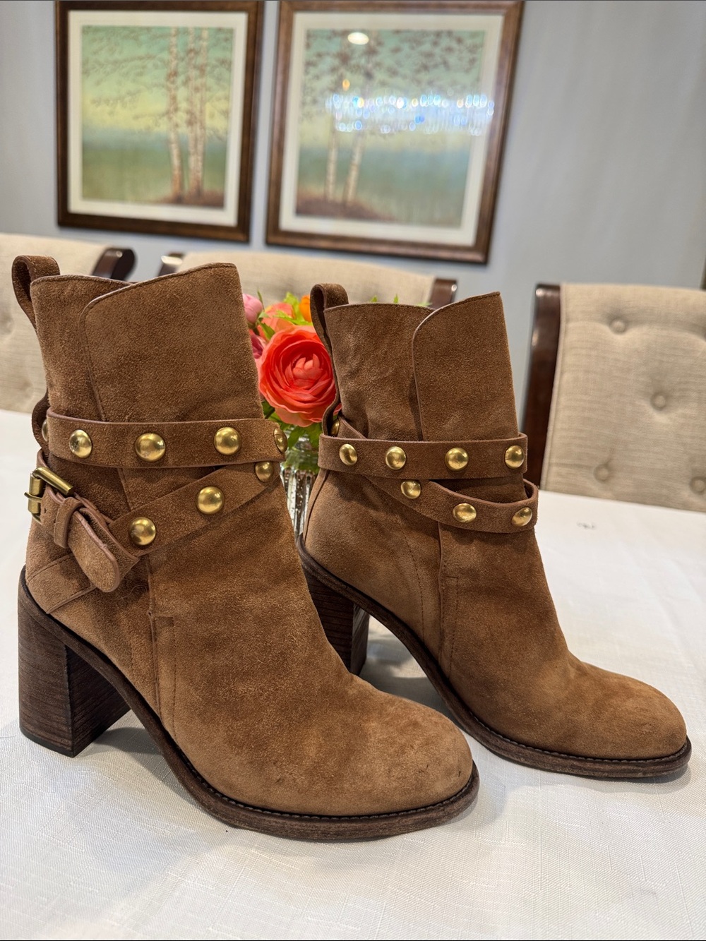 Authentic See By Chloe Brown Suede Studded Ankle Booties